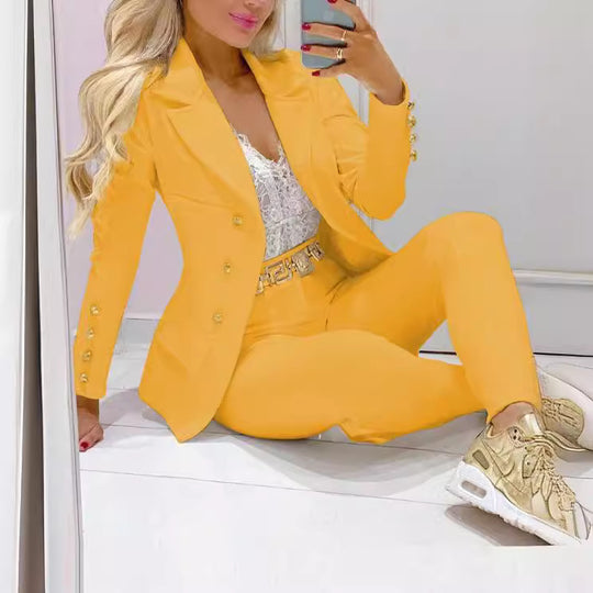 Damen nan tailliertes Doppelreiher-Blazer-Set mit goldknopf-Detail und hochtaillierter Slimhose EB