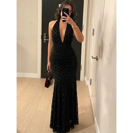 Damen Elegantes Maxikleid mit tiefem V-Ausschnitt und raffinierten Rüschendetails EB
