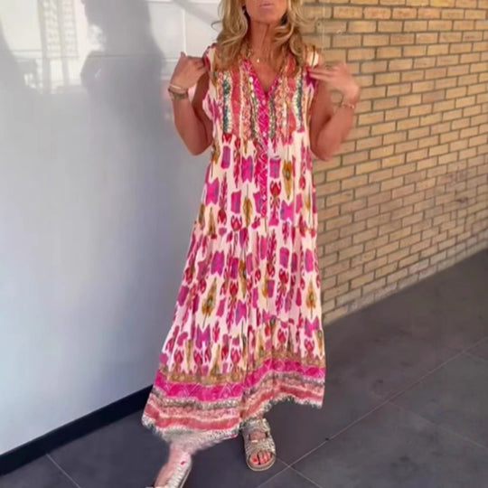Damen Maxikleid mit buntem Muster und eleganter Stickerei Heidi-Mode