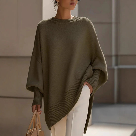 Damen nan Oversize Strickponcho mit asymmetrischem Saum und gerippten Ärmeln EB