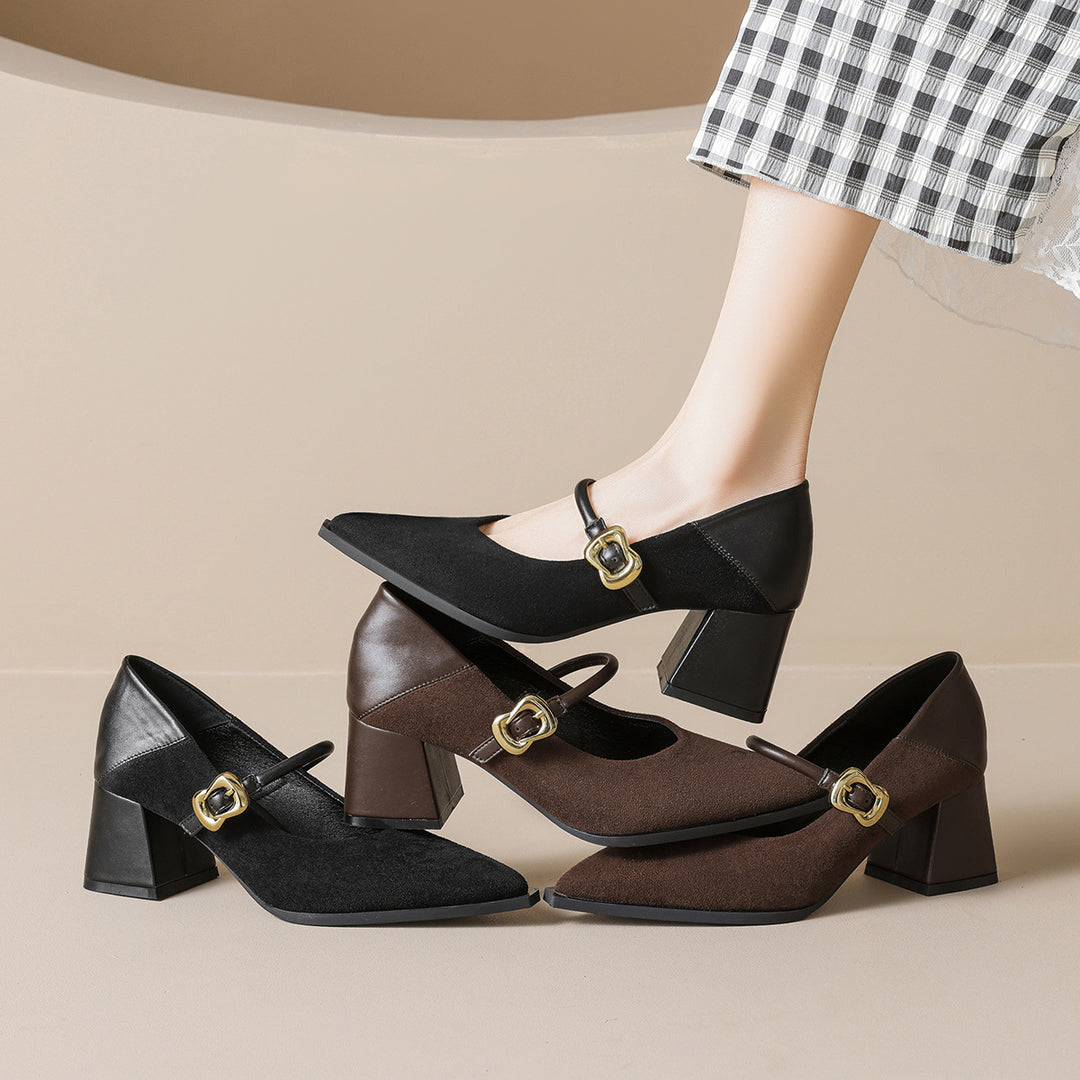 Damen elegante Pumps mit modischem Riemen und Blockabsatz EB