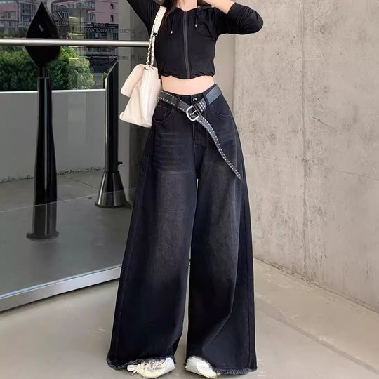 Damen Weite High-Waist Denim-Hose mit modischem Schnitt und auffälligem Gürtel EB