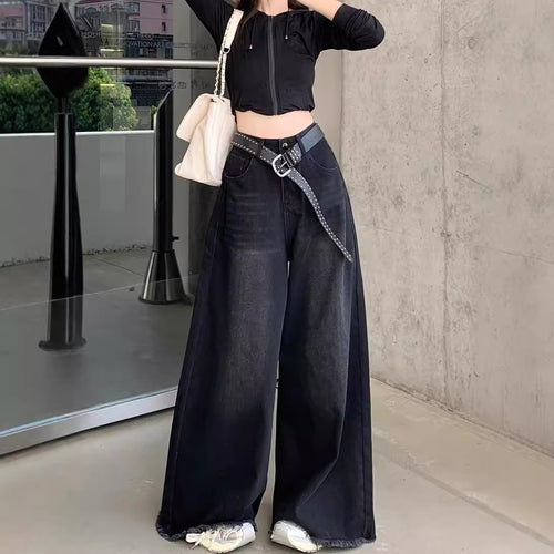 Damen Weite High-Waist Denim-Hose mit modischem Schnitt und auffälligem Gürtel EB