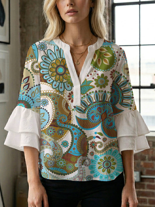 Damen Bluse mit voluminösen Rüschenärmeln und kreativem Floraldesign EB