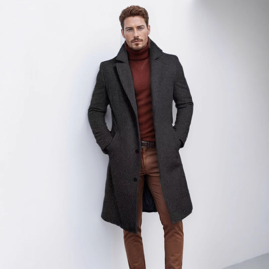 Herren nan langer Wollmixmantel mit Boucléstruktur, taillierter Silhouette und klassischem Revers EB