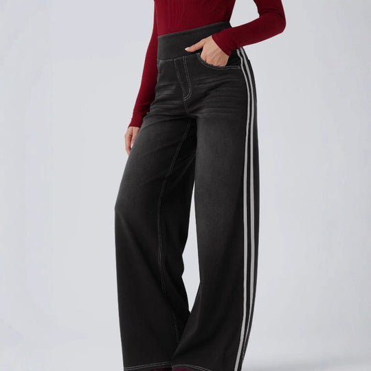 Damen weite Denim-Hose mit seitlichem Streifen und hohem Bund EB