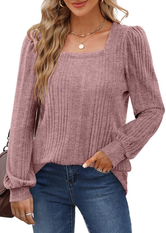 Damen gemütlicher Strickpullover mit Rippstruktur und Puffärmeln EB
