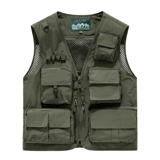 Herren multifunktionale Angler- und Utility‑Weste mit zahlreichen Reißverschluss- und Kletttaschen sowie Mesh-Innenfutter EB