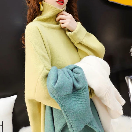 Damen Grobstrick Pullover mit hohem Kragen und lässigem Schnitt EB