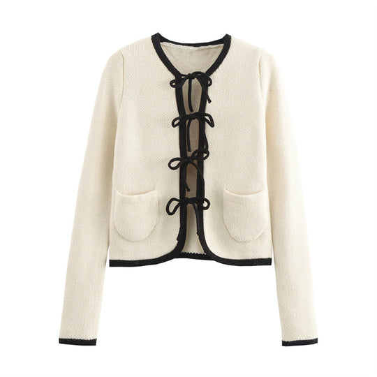 Damen Elegante Strickjacke mit raffinierten Schleifen und Taschen EB