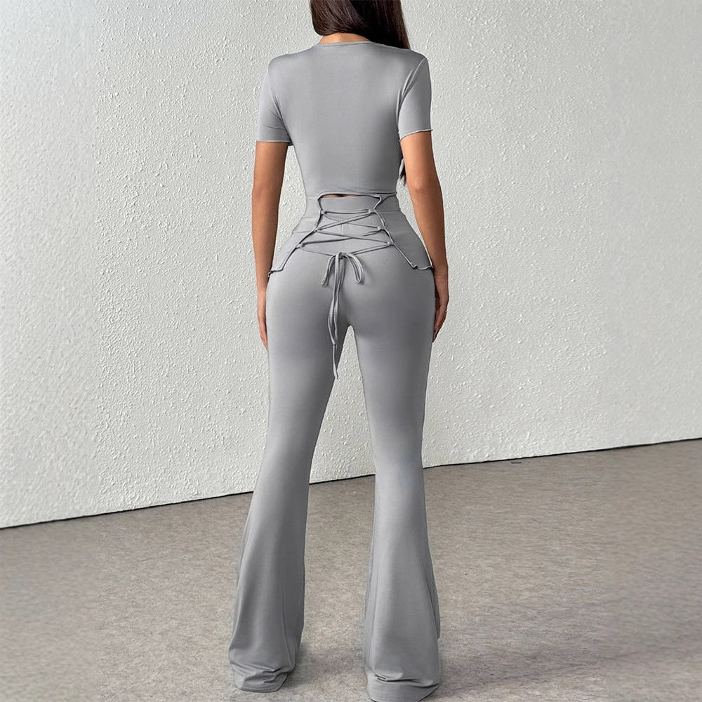 Damen elegantes Set aus figurbetontem Oberteil und ausgestellten Hosen EB