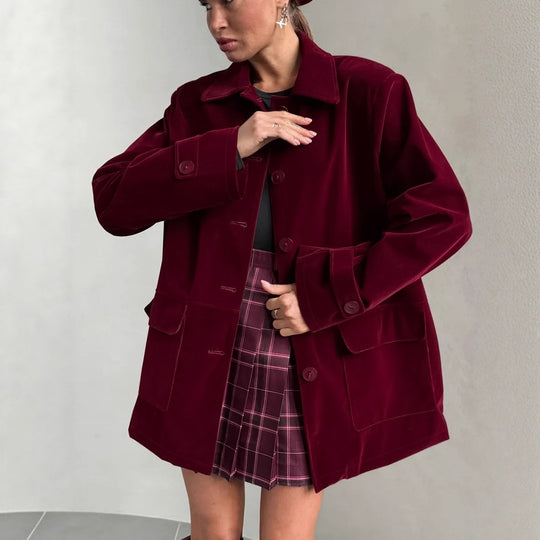 Damen Veloursjacke im modernen Oversized-Stil mit praktischen Taschen EB