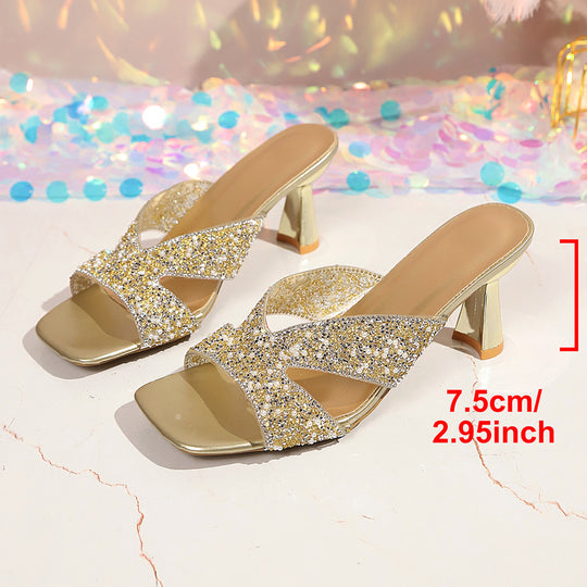 Damen Glamouröse Pailletten-Sandalen mit Blockabsatz EB