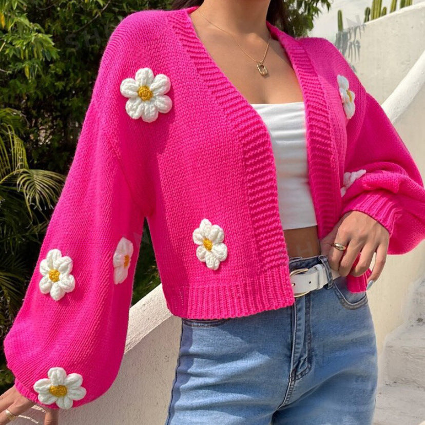 Damen Cropped-Cardigan aus Baumwollmix mit 3D-Blütenapplikationen EB