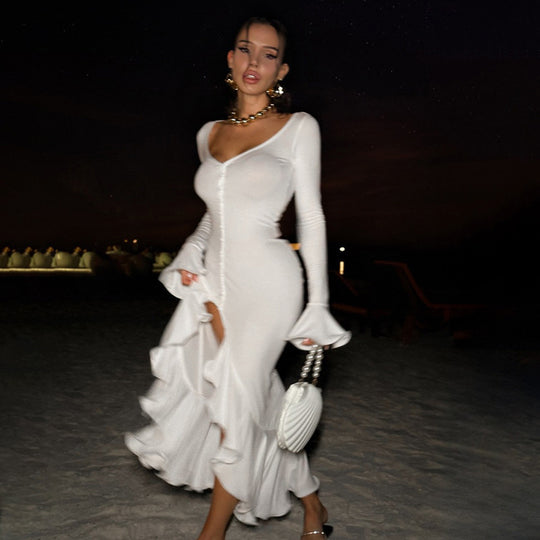 Damen Elegantes Maxikleid mit Rüschen und Knopfleiste EB