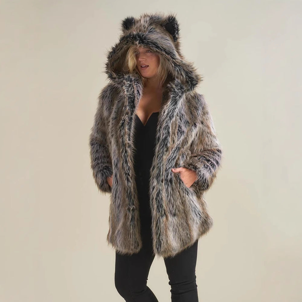 Damen Hooded Faux-Fur-Mantel mit Ohrenschützer EB