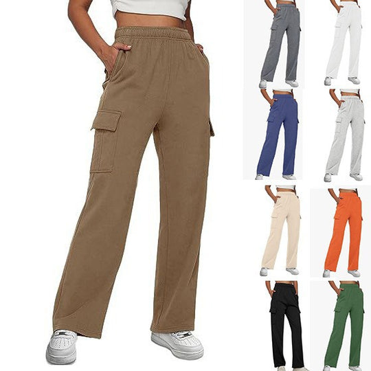 Damen nan lässige Cargo-Freizeithose mit weitem Bein elastischem Bund und aufgesetzten Taschen EB