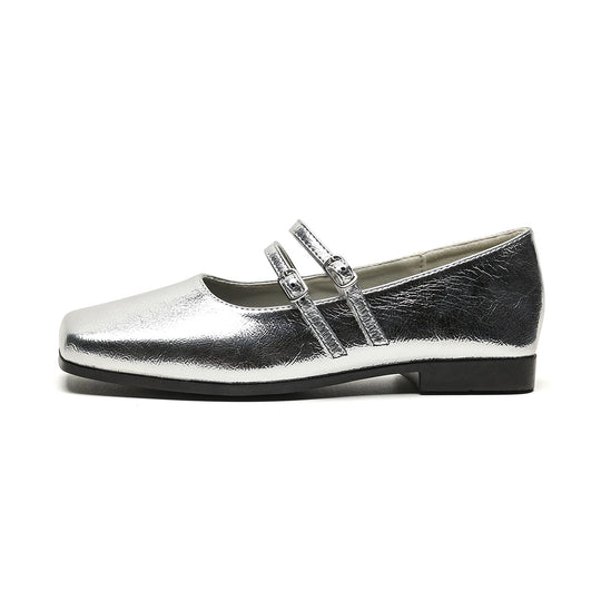 Damen elegante Ballerinas mit doppeltem Riemen und schimmerndem Obermaterial EB
