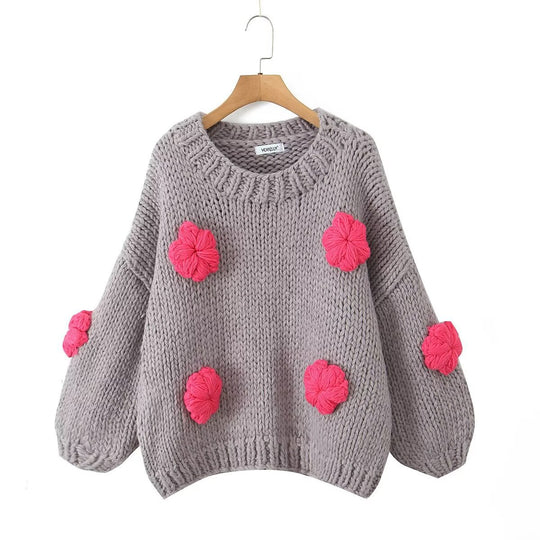 Damen gepunkteter Strickpullover mit voluminösen Ärmeln und floralem Design EB