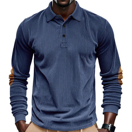 Herren nan geripptes Langarm-Poloshirt mit Henley-Knopfleiste und veloursähnlichen Ellbogenpatches EB