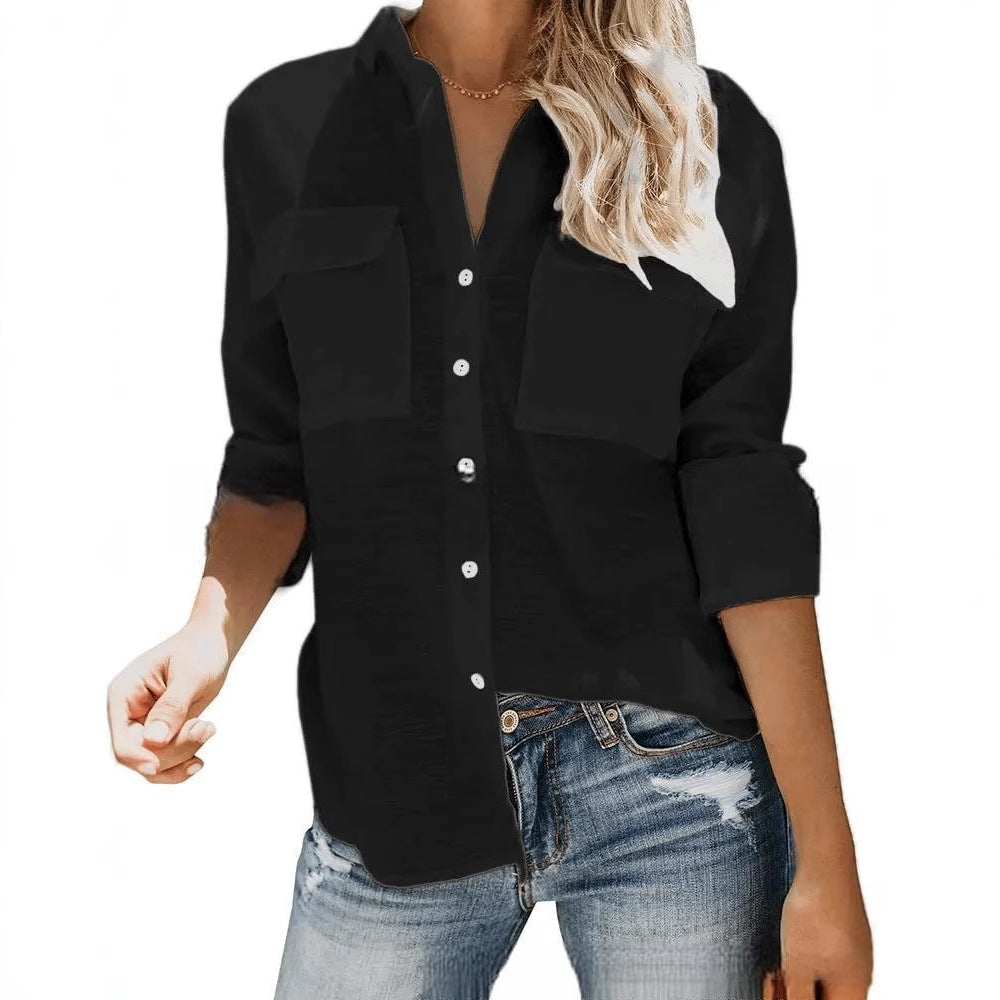 Damen leichte Sommerbluse mit zwei Brusttaschen und aufgerollten Ärmeln EB