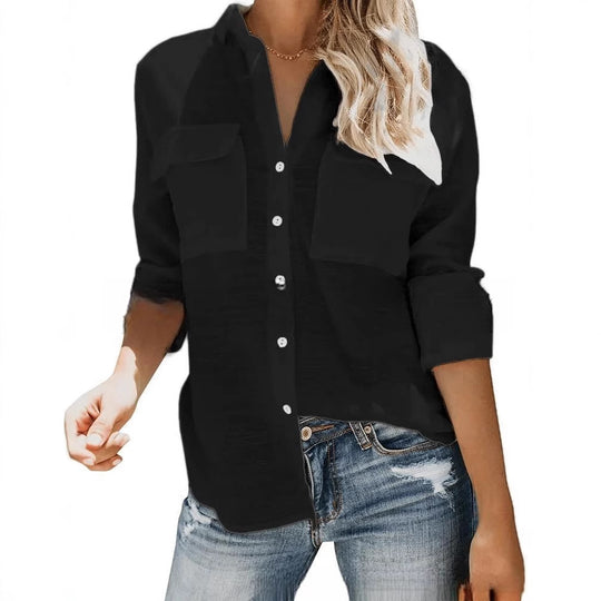 Damen leichte Sommerbluse mit zwei Brusttaschen und aufgerollten Ärmeln EB