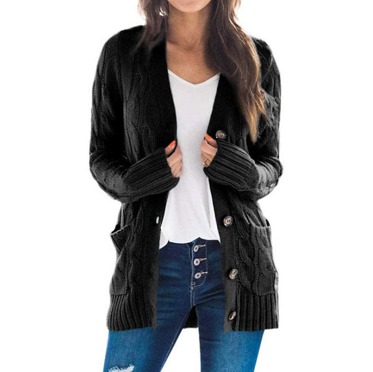 Damen Strickjacke mit Kabelmustern und großen Knöpfen EB