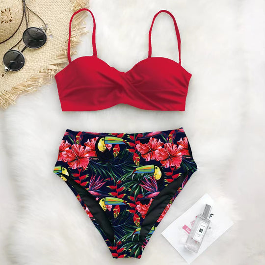 Damen Hoch tailliertes Bikini-Set mit floralem Oberteil EB