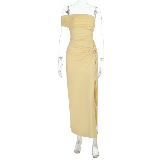 Damen Schickes Maxikleid mit Schulterfreiem Design und Raffungen EB