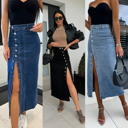 Damen Denim-Midirock mit seitlichem Schlitz und Knopfdetails EB