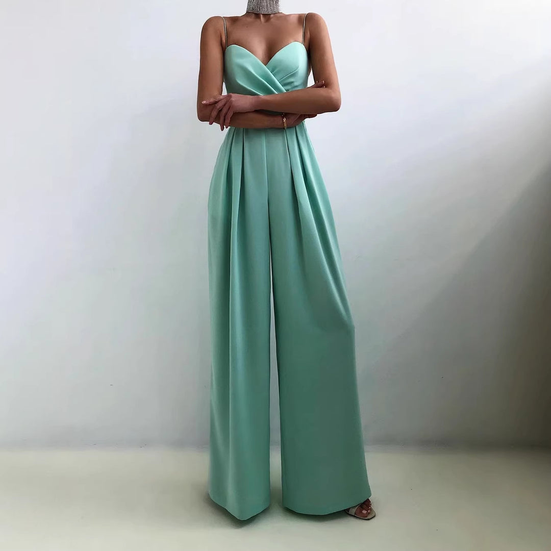 Damen eleganter Jumpsuit mit tiefem V-Ausschnitt und weiten Beinen EB