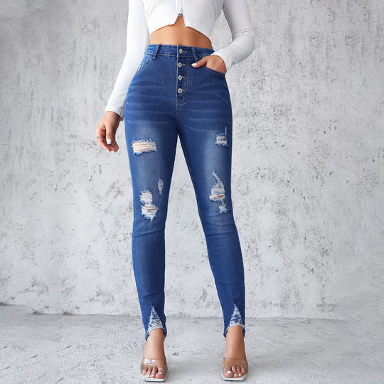 Damen Skinny Jeans mit stylishen Destroyed-Details und fransigem Saum EB
