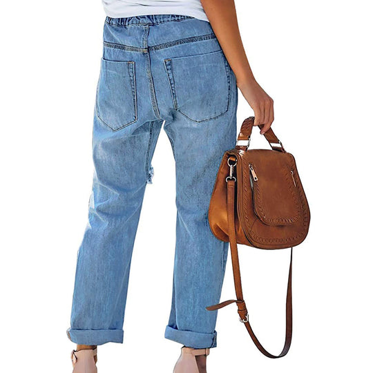 Damen nan lässige Destroyed-Denim-Jogger mit elastischem Kordelbund und aufgesetzten Fronttaschen EB