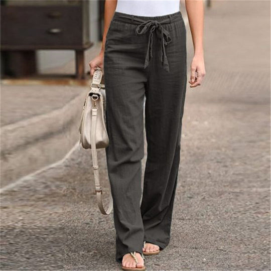 Damen nan weite Leinenhose mit Tunnelzugbund, geradem Bein und Eingrifftaschen EB