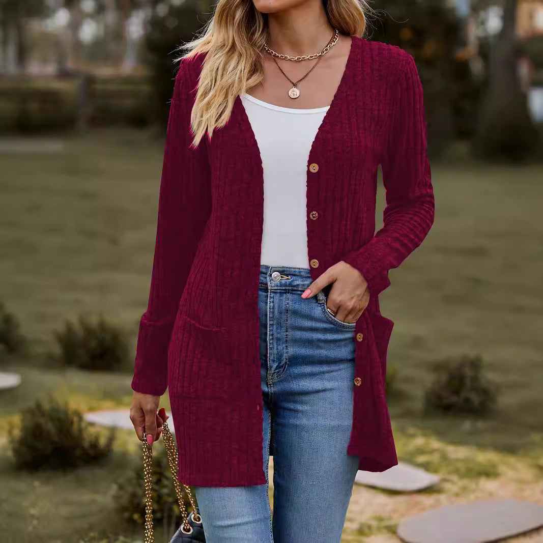 Damen nan langer gerippter Strickcardigan mit Eingrifftaschen und Holzknöpfen EB