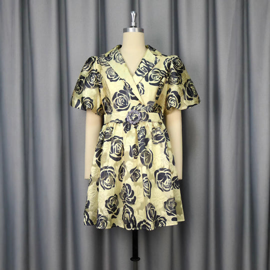 Damen Blumendesign Kurzkleid mit tailliertem Schnitt und auffälligen Puffärmeln EB