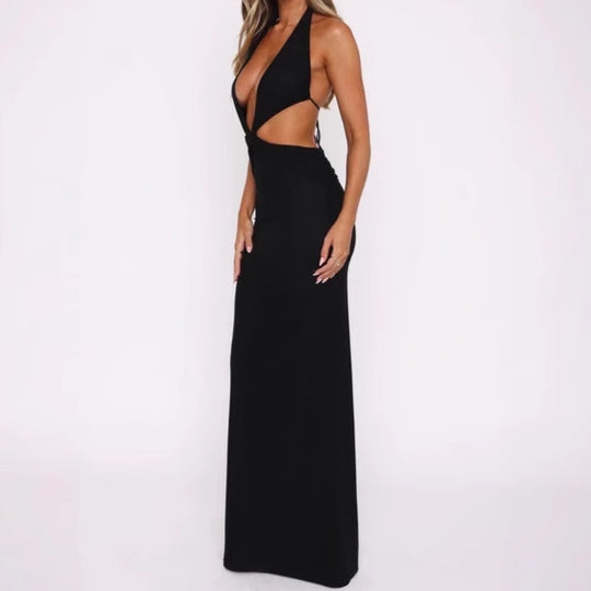 Damen Luxus Maxikleid mit tiefem V-Ausschnitt und aufregenden Cut-Out-Details EB