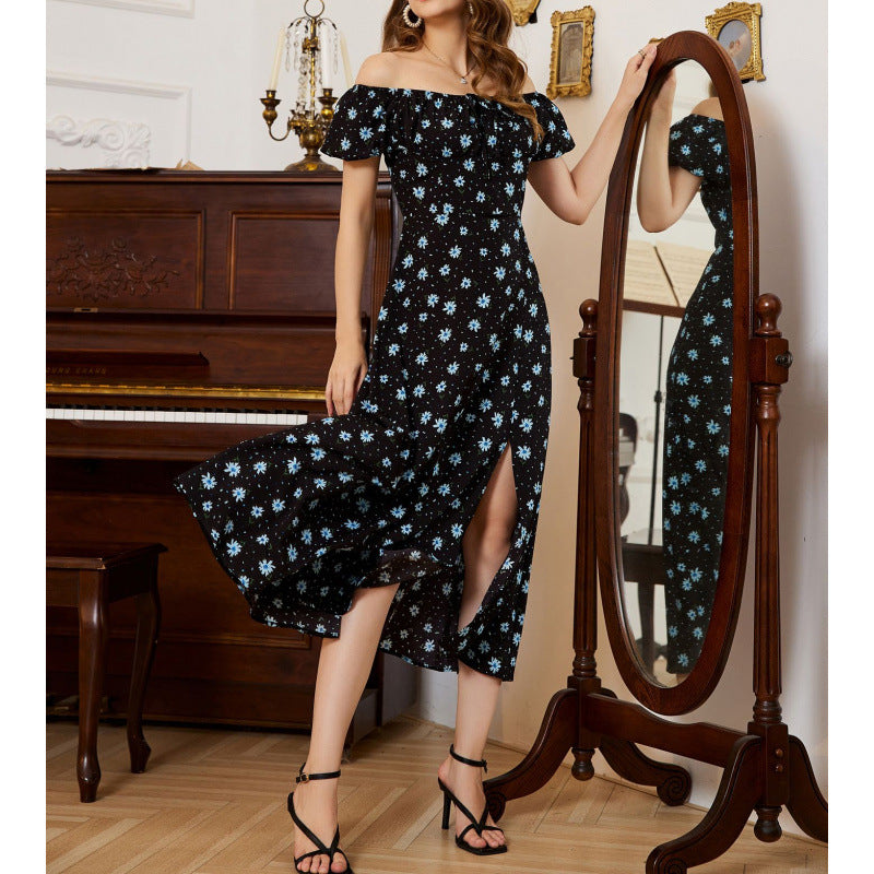 Damen Maxikleid mit voluminösen Rüschenärmeln und floralem Design EB