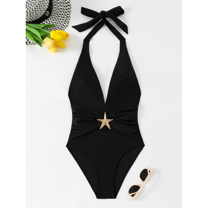 Damen Einteiliger Badeanzug mit elegantem V-Ausschnitt und dekorativem Sternenapplikation EB