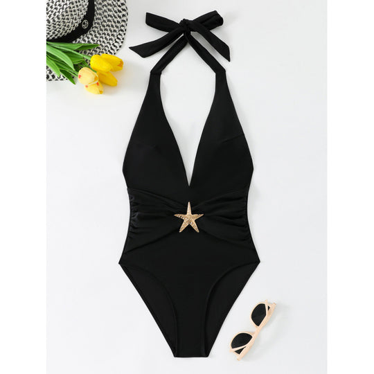Damen Einteiliger Badeanzug mit elegantem V-Ausschnitt und dekorativem Sternenapplikation EB