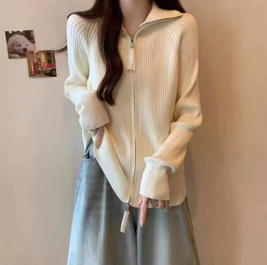 Damen Modische Strickjacke mit hohem Kragen und Reißverschluss EB