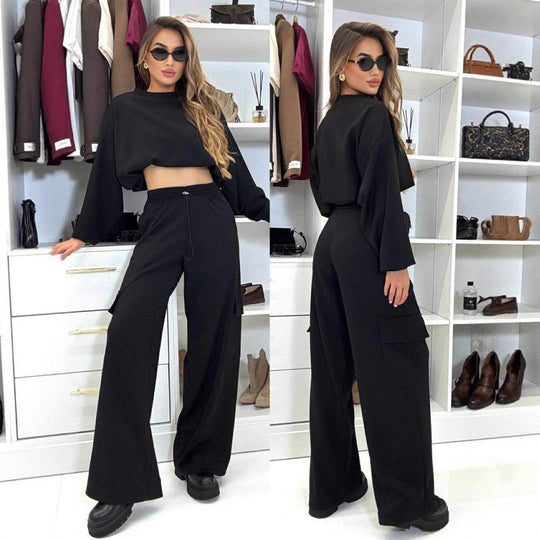 Damen kurzes Oversize-Sweatshirt mit weitem Cargo-Hose Lounge-Set Eichborn Berlin