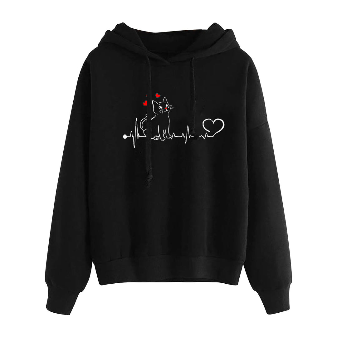 Damen nan leichter Oversize Kapuzenpullover mit Herz‑EKG‑Motiv, langen Kordeln und elastischem Bund EB