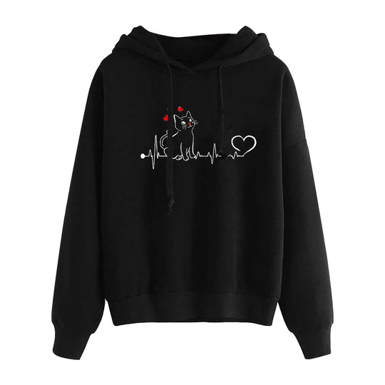 Damen nan leichter Oversize Kapuzenpullover mit Herz‑EKG‑Motiv, langen Kordeln und elastischem Bund EB