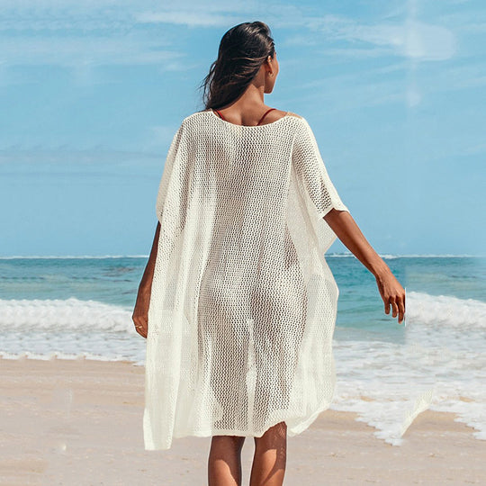 Damen Strandkleid mit romantischem Häkelmuster und voluminösen Ärmeln EB