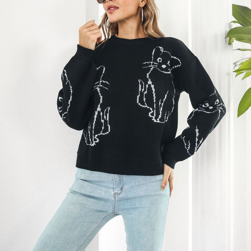 EB | Verspielter Strickpullover Mit Katzenmuster