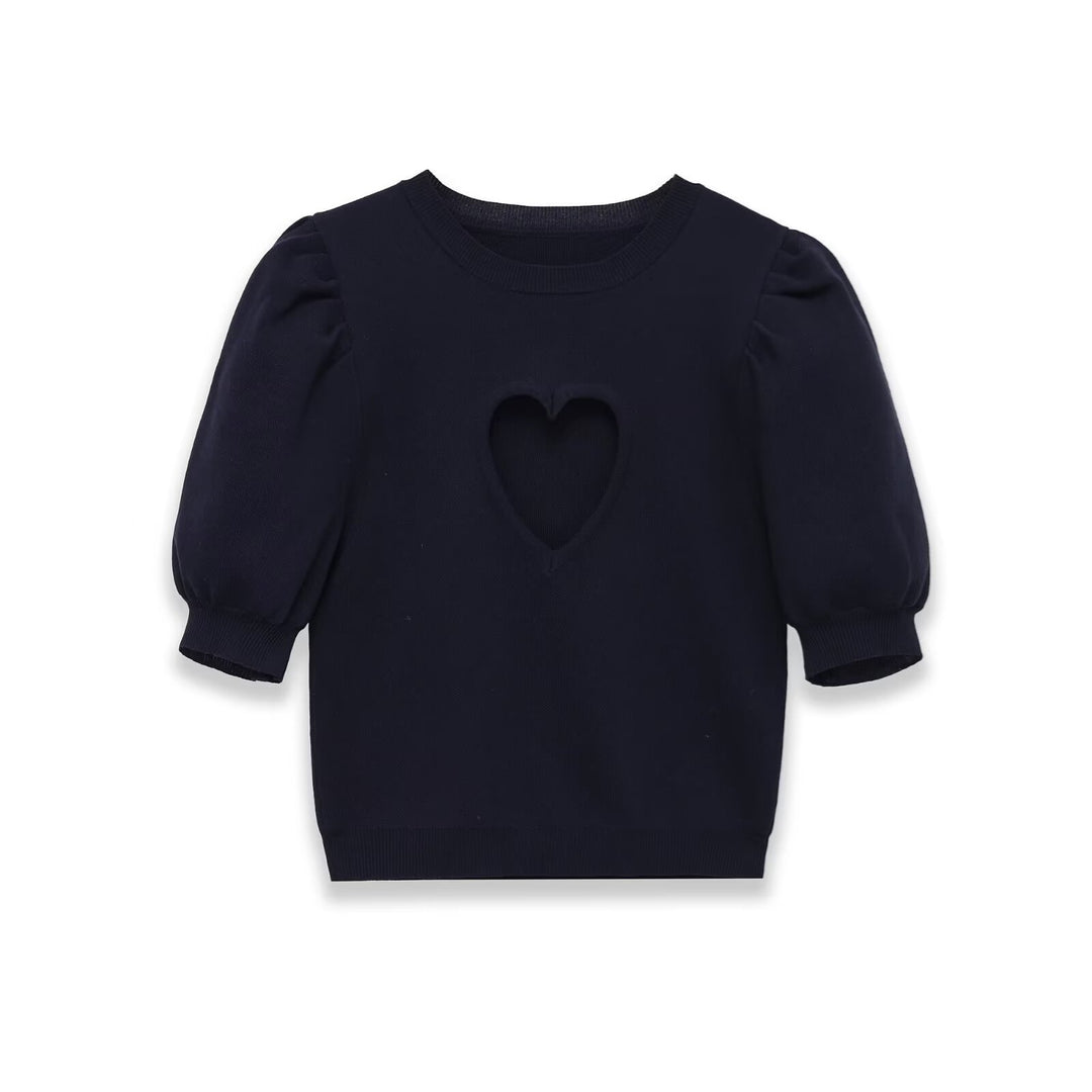 Damen Baumwollpullover mit herzförmigem Ausschnitt und modischen Puffärmeln EB