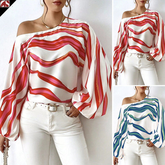 Damen Off-Shoulder Bluse mit kunstvollem Muster und voluminösen Ärmeln EB