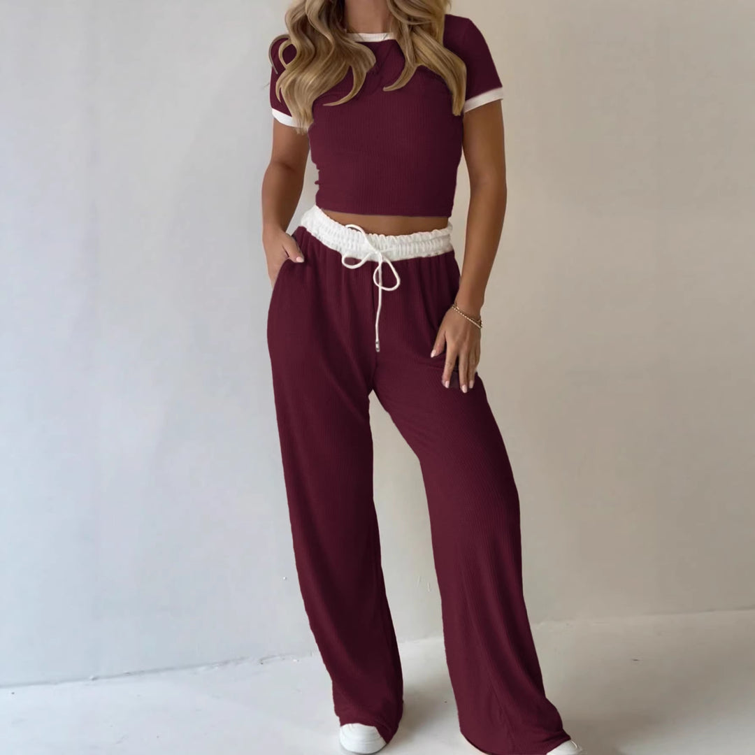 Damen lässiges zwei-teiliges Freizeit-Set mit cropped T-Shirt und weiten Hose EB