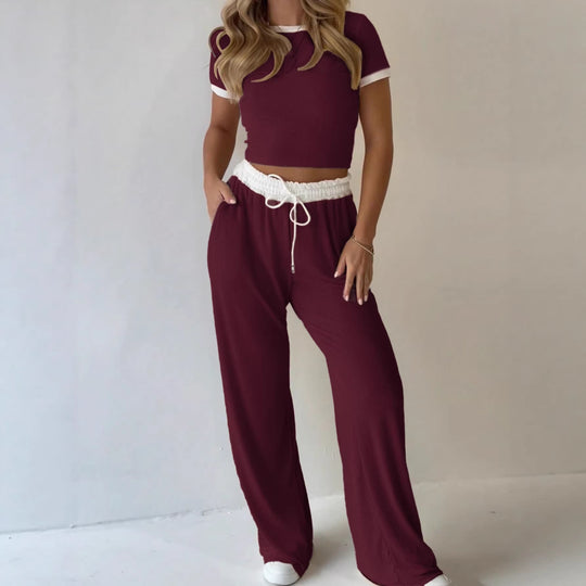 Damen lässiges zwei-teiliges Freizeit-Set mit cropped T-Shirt und weiten Hose EB